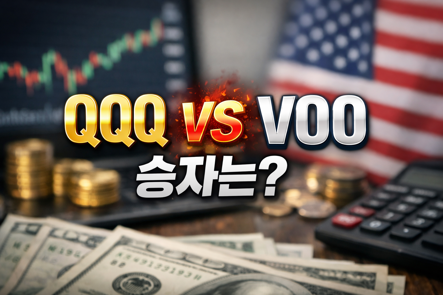 미국 국기와 주가 차트, 달러 지폐&middot;동전&middot;계산기 배경 위에 &lsquo;QQQ vs VOO 승자는?&rsquo; 문구가 들어간 미국 ETF 비교 썸네일