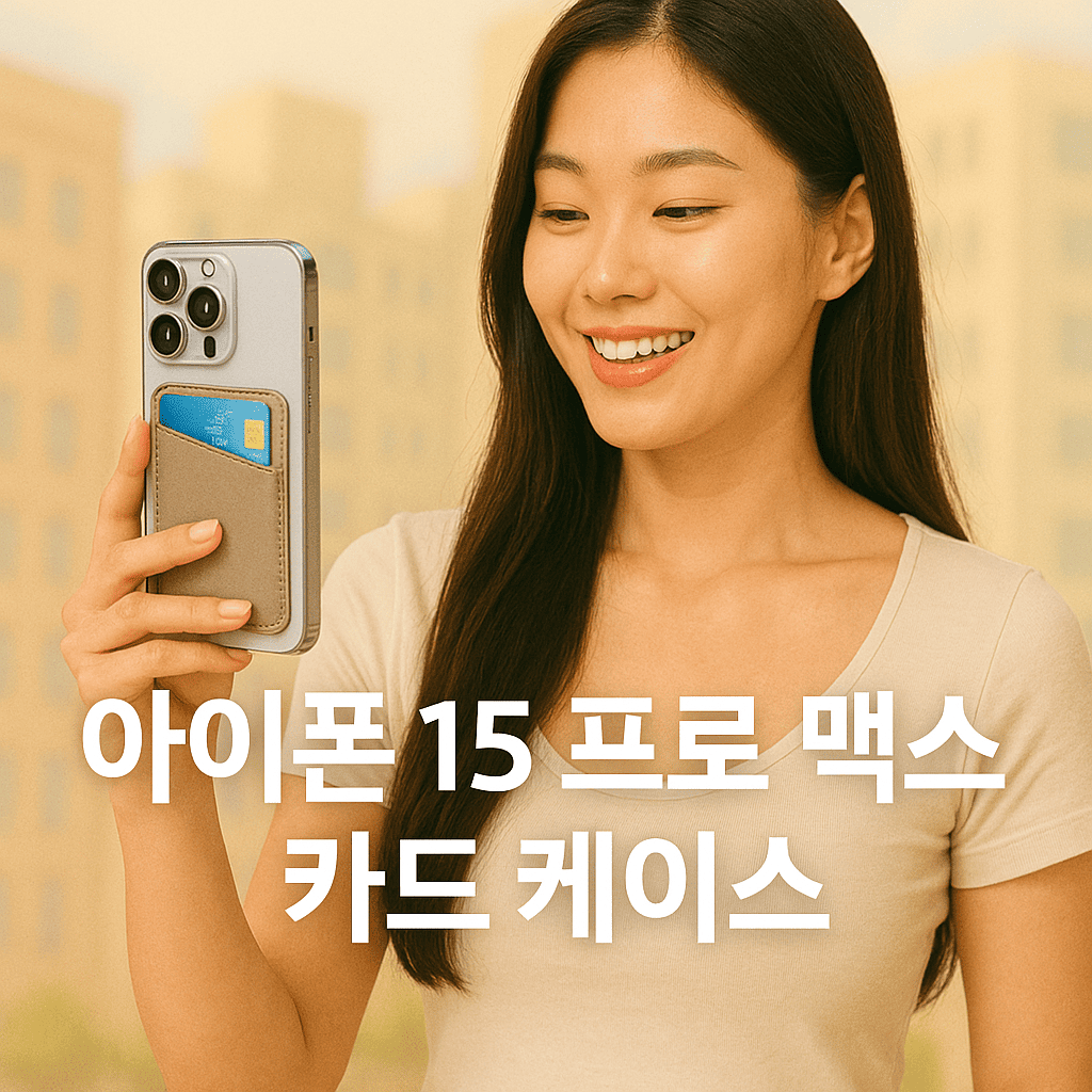 밝은-도시-배경에서-젊은-한국인-여성이-아이폰-15-프로-맥스를-들고-미소짓는-모습-휴대폰에는-카드가-꽂힌-케이스가-부착되어-있고-여성은-밝고-건강한-표정으로-화사한-분위기를-연출