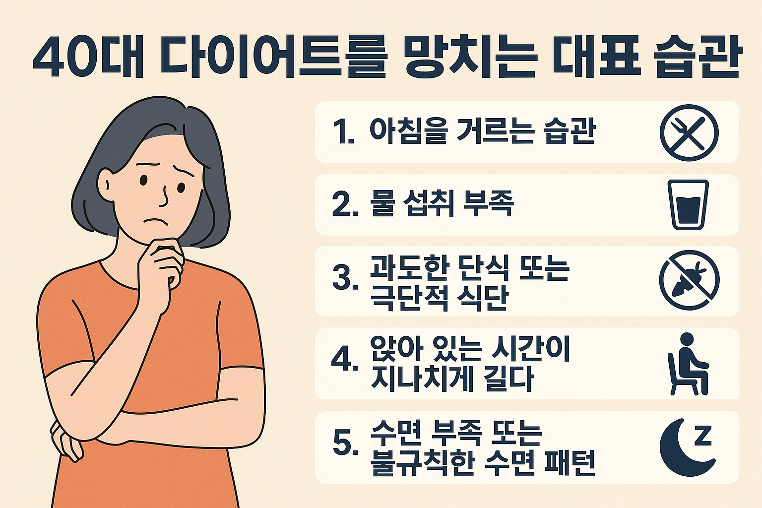 고민하는 표정의 40대 여성이 왼쪽에 위치하고, 오른쪽에는 '40대 다이어트를 망치는 대표 습관' 5가지가 아이콘과 함께 정리된 이미지
