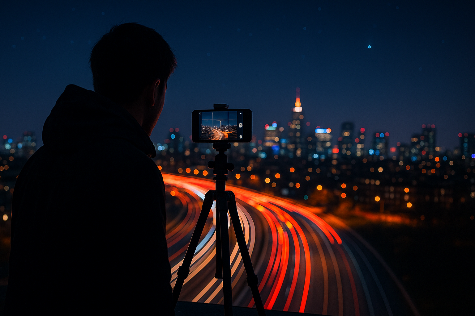 야경을 찍는 스마트폰 사용자와 삼각대(Ai생성이미지)