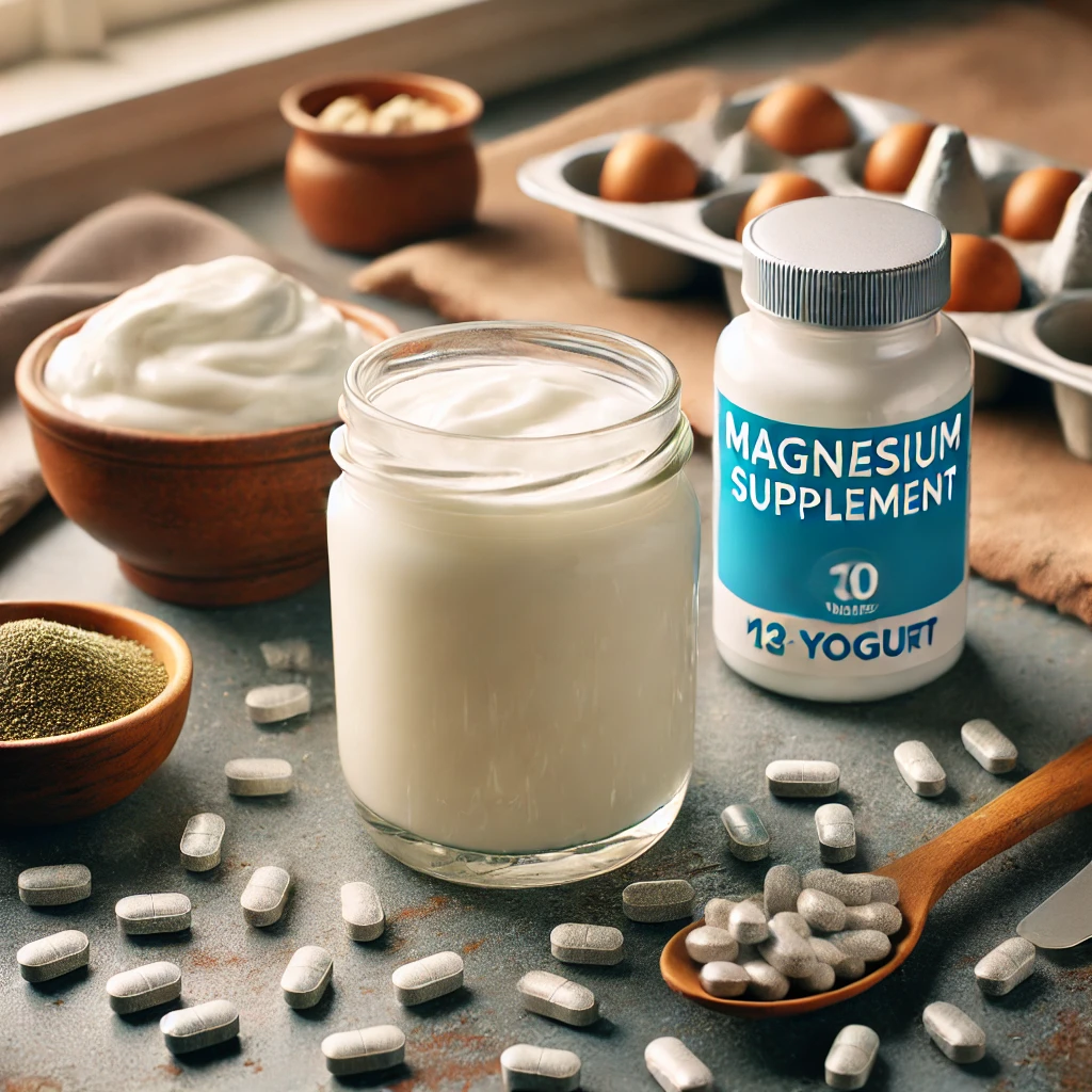 마그네슘 보충제와 요거트 컵