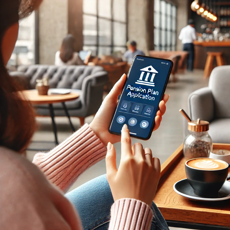 카페에서 모바일 앱을 통해 연금 계획을 확인하는 모습