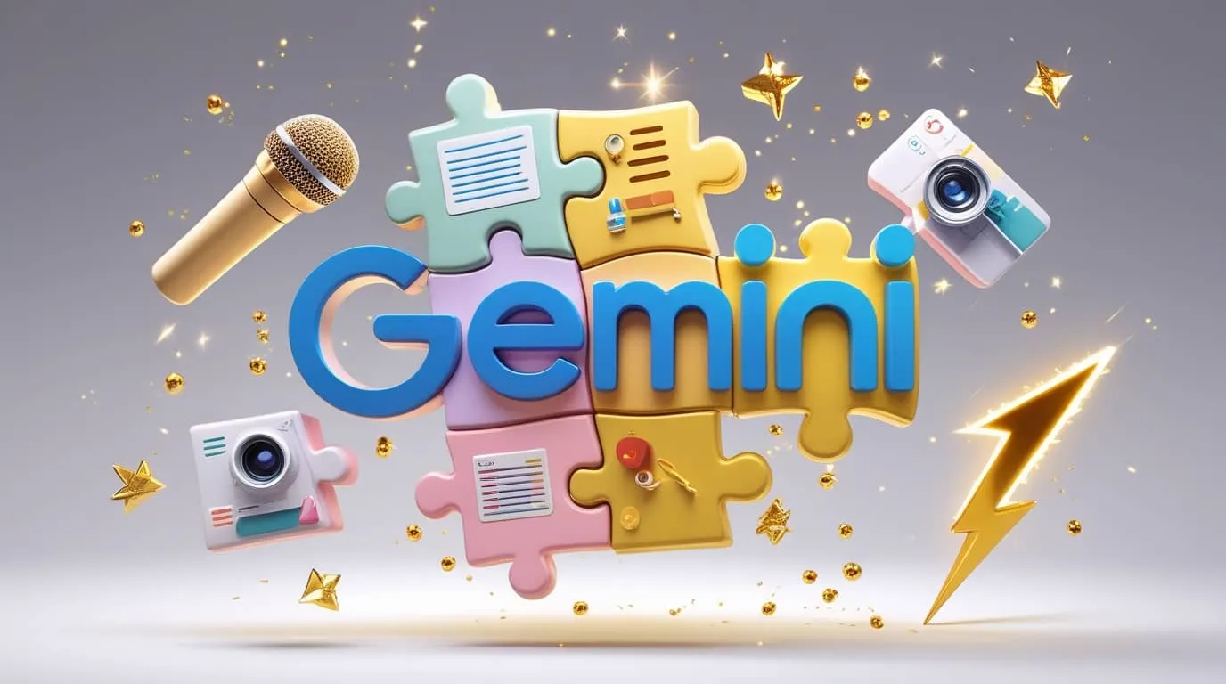 제미나이 AI 사용법 가이드 - 3D 퍼즐 조각들로 완성된 Gemini 로고와 음성인식, 이미지 분석, 문서 처리 등 주요 기능 아이콘들 (Gemini AI tutorial guide with 3D puzzle pieces forming logo and feature icons)