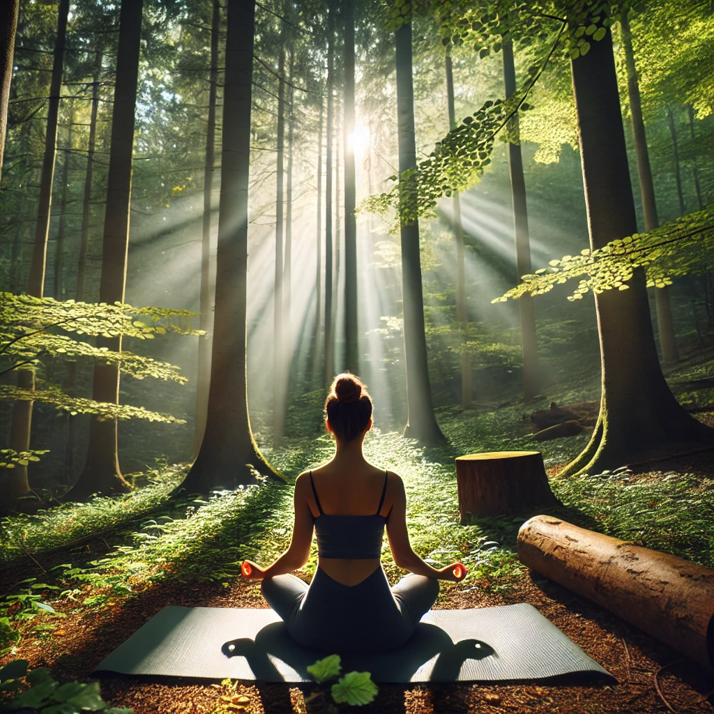 평화로운 숲 속에서 명상하는 젊은 여성. 매트 위에 다리를 꼬고 앉아 있으며&amp;#44; 나무들 사이로 햇살이 비치는 고요한 분위기