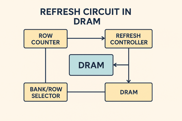 DRAM 내 리프레시 회로 구성 요소들을 나타낸 흐름도, Row Counter, Refresh Controller, Bank/Row Selector가 DRAM과 연결된 구조 설명 그림
