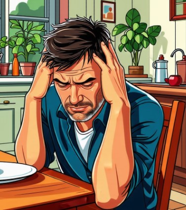 갑작스러운 두통으로 아파하는 남성이 앉아있습니다.