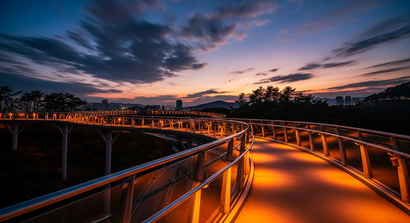 The surreal scenery of Pohang's Space Walk, illuminated at dusk.