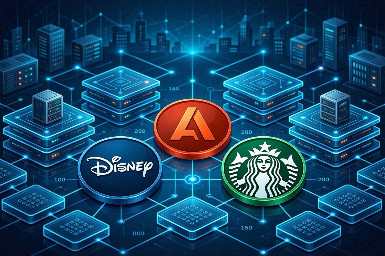 Abstract digital graphic showing major institutional brands interacting with decentralized networks.