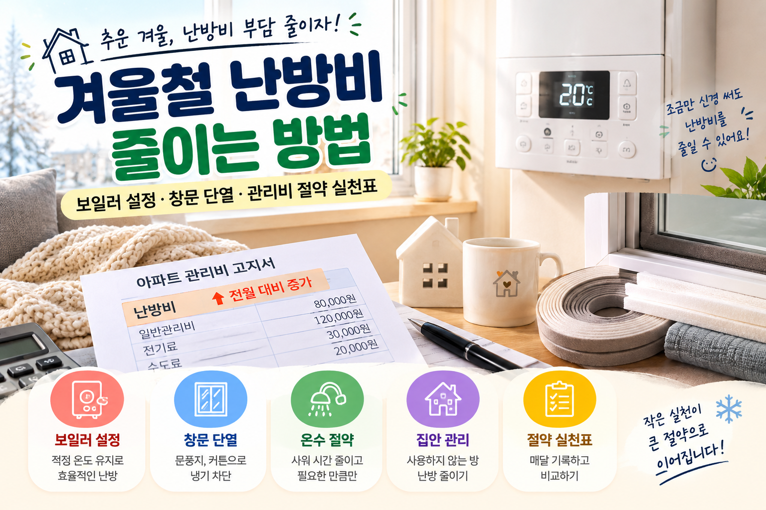 겨울철 난방비 줄이는 방법|보일러 설정·창문 단열·관리비 절약 실천표