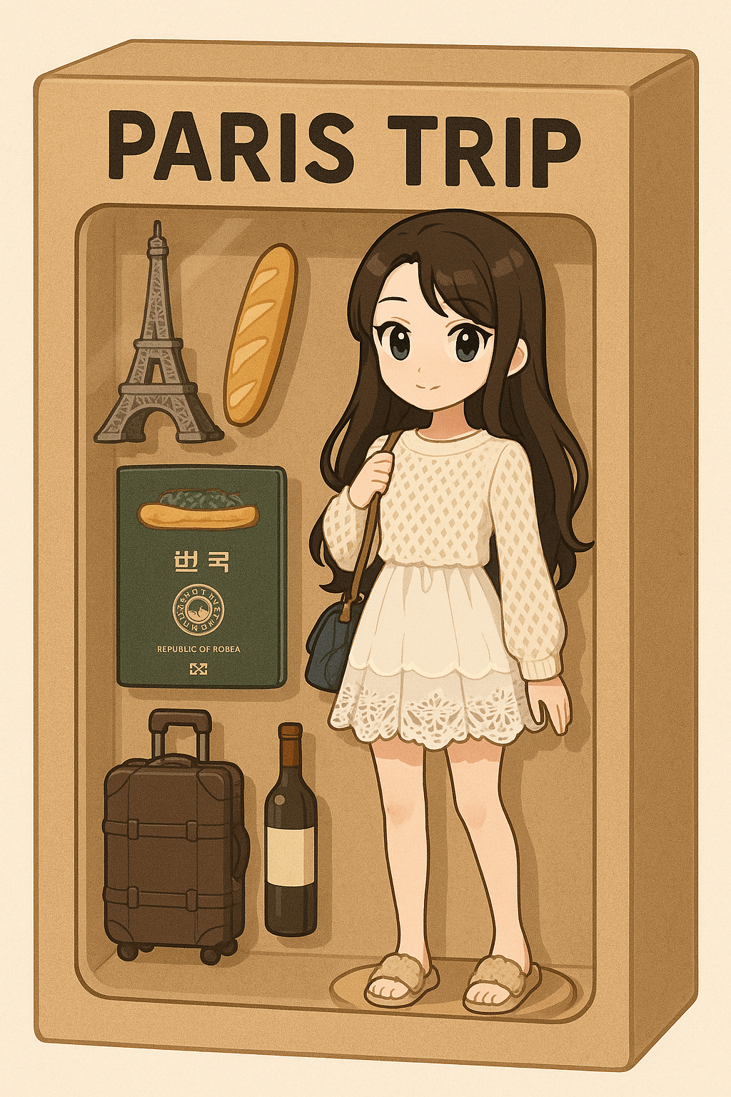 프롬프트 '애니메이션 스타일로 여성 피규어 만들어줘. 피규어의 머리 스타일, 옷은 사진 참고. 플라스틱 틀에 정리해주고, 장난감처럼 종이상자에 넣어줘. 상자위에는 Paris Trip 이라고 써줘. 상자속에는 에펠탑, 바게트, 여행가방, 대한민국여권, 와인병을 함께 넣어줘. 바탕색은 크라프트색으로 해주고, 글씨는 검정색으로 넣어줘. 피규어는 오른쪽에, 물건들은 왼쪽에 넣어줘.'로 생성된 AI 이미지