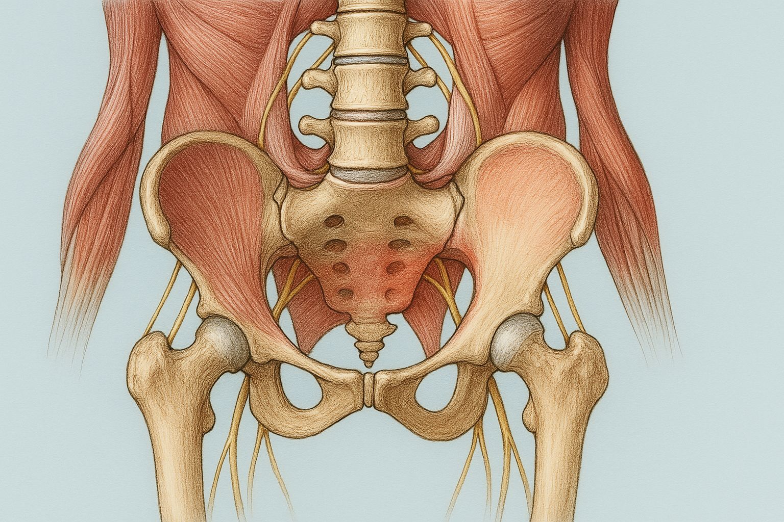 골반 부위의 해부학적 구조를 보여주는 의학 일러스트, 척추, 고관절, 천장관절, 신경 및 근육 구조가 자세히 묘사됨
