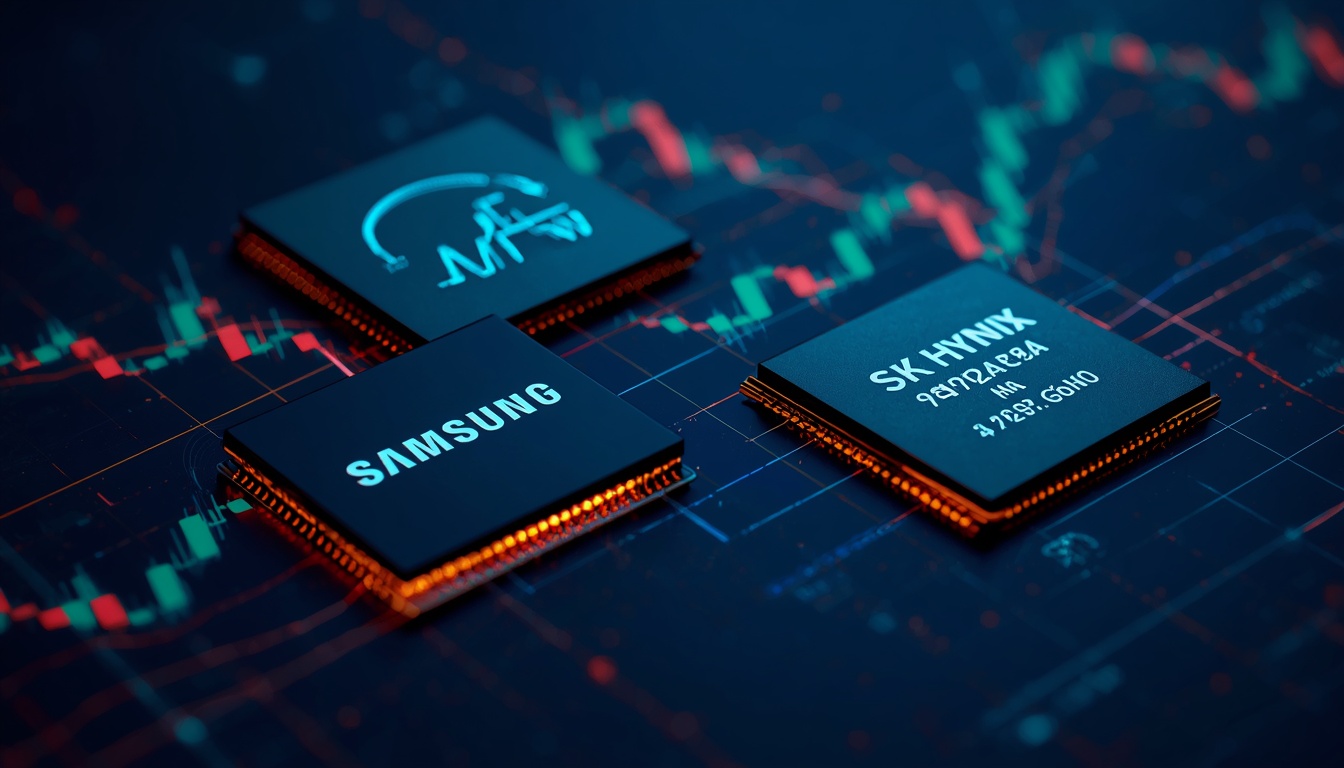 Financial stock market chart overlaying Samsung Electronics and SK Hynix semiconductor silicon wafers with trend lines.