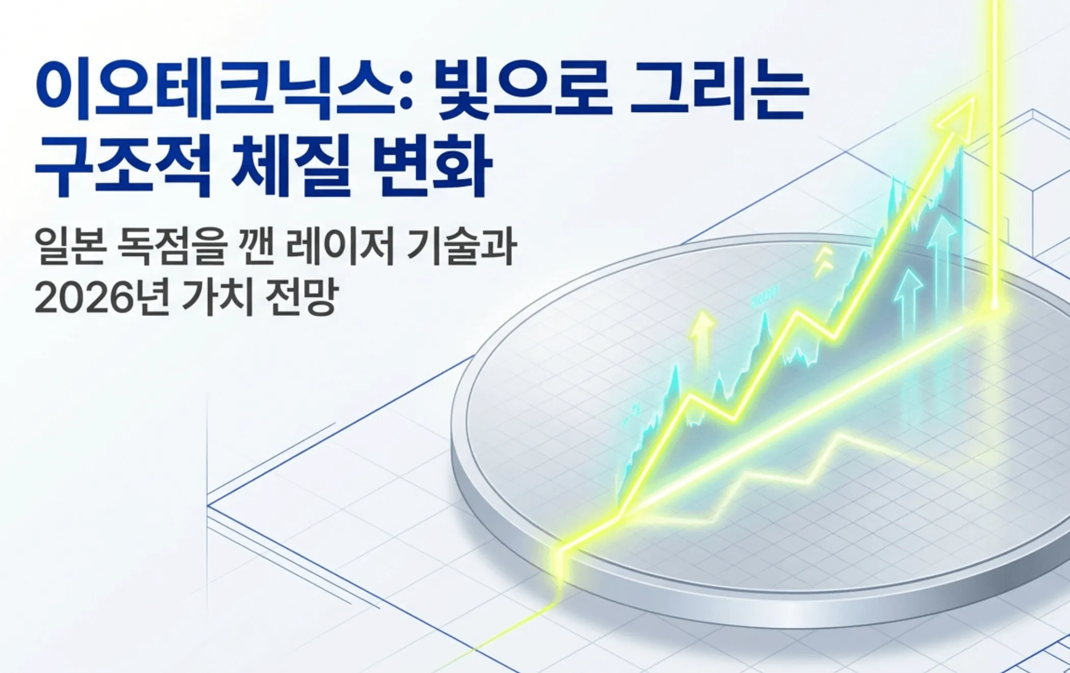 이오테크닉스 주가 전망을 다룬 블로그 대표 이미지. 반도체 웨이퍼 위로 상승하는 노란색 주가 그래프와 화살표가 그려져 있고 '이오테크닉스: 빛으로 그리는 구조적 체질 변화', '일본 독점을 깬 레이저 기술과 2026년 가치 전망'이라는 문구가 함께 표기됨. 일본 디스코 독점을 깬 레이저 후공정 장비 기술과 영업이익률 개선, HBM·낸드 수요에 따른 2026년 이오테크닉스 목표주가와 실적 전망을 시각적으로 전달함