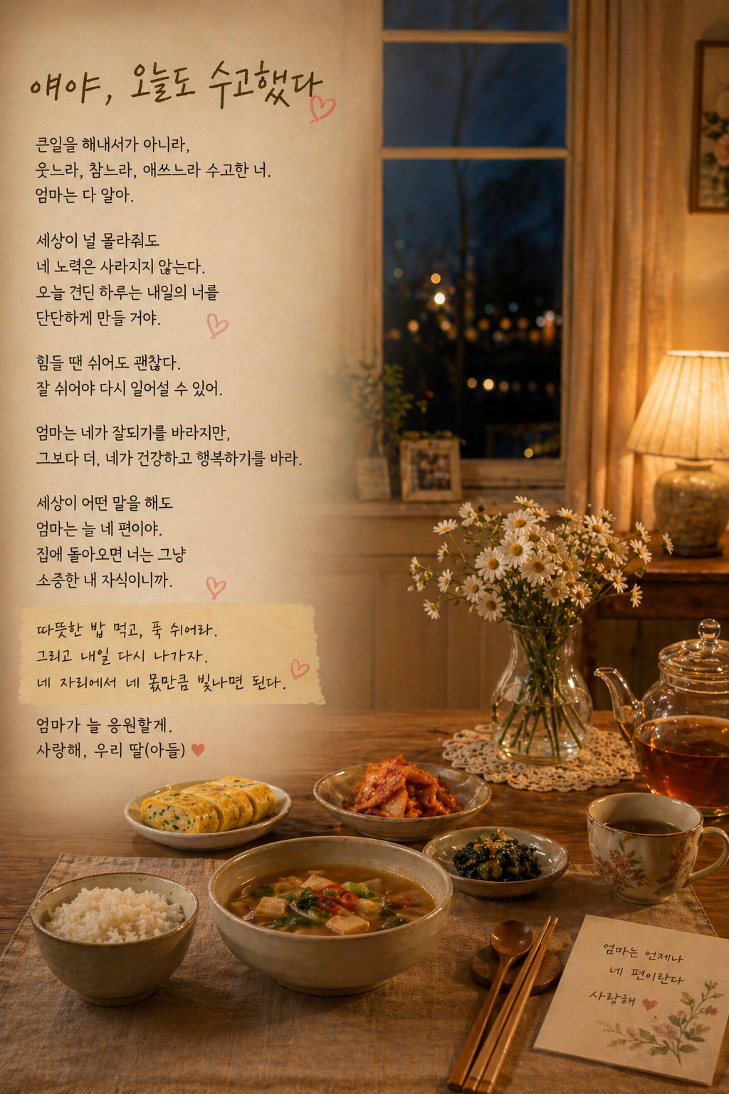 따뜻한 집밥 식탁과 엄마의 위로 편지가 놓인 저녁 감성 이미지