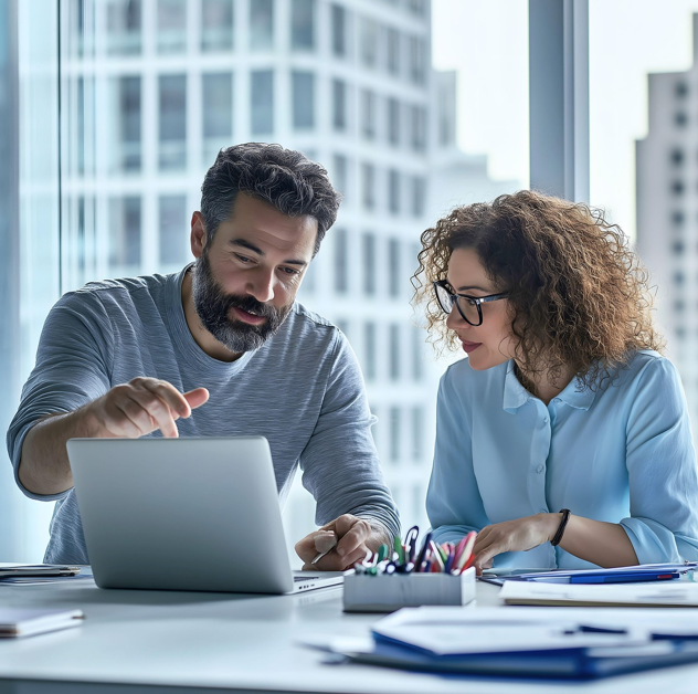 회사에서 직원 두명이 노트북을 펴고 대화를 나누고 있다