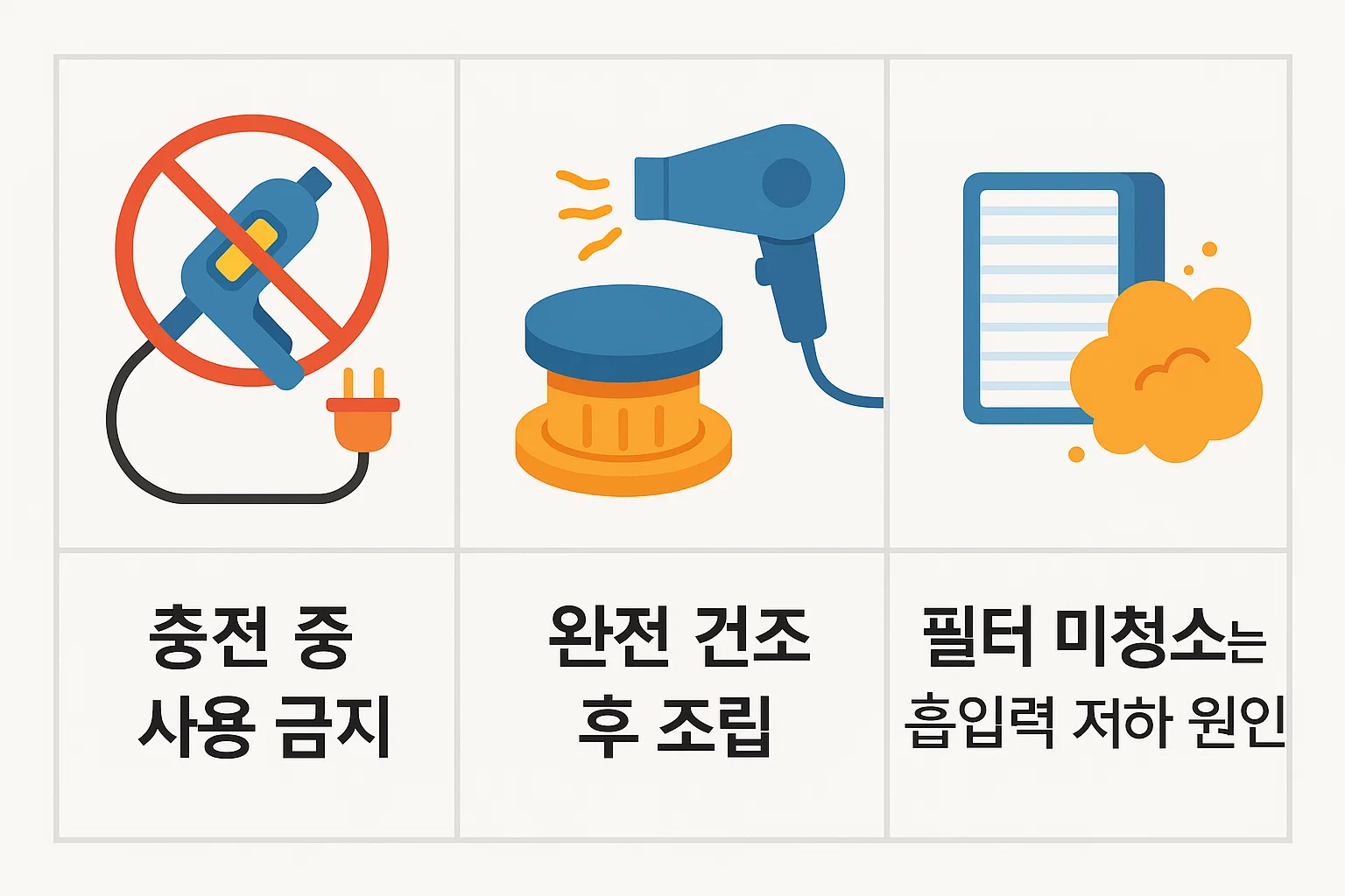 충전 중 사용 금지, 완전 건조 후 조립, 필터 미청소 주의 등 배터리와 모터 손상을 방지하기 위한 올바른 사용법 안내 인포그래픽.