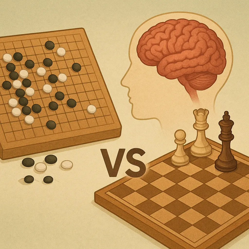 바둑과-장기를-비교하며-두뇌-훈련-효과를-상징적으로-표현한-두뇌건강-컨셉-일러스트