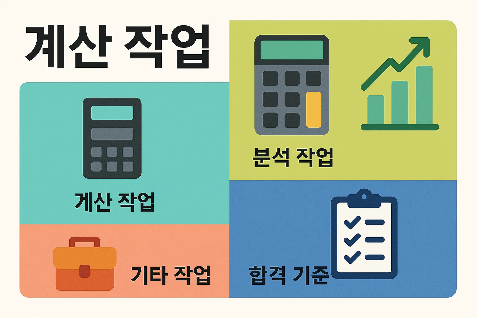 컴활2급 실기 시험은 계산 작업, 분석 작업, 기타 작업으로 구성되며 합격 기준을 이해해야 전략적인 준비가 가능함을 알려주는 인포그래픽