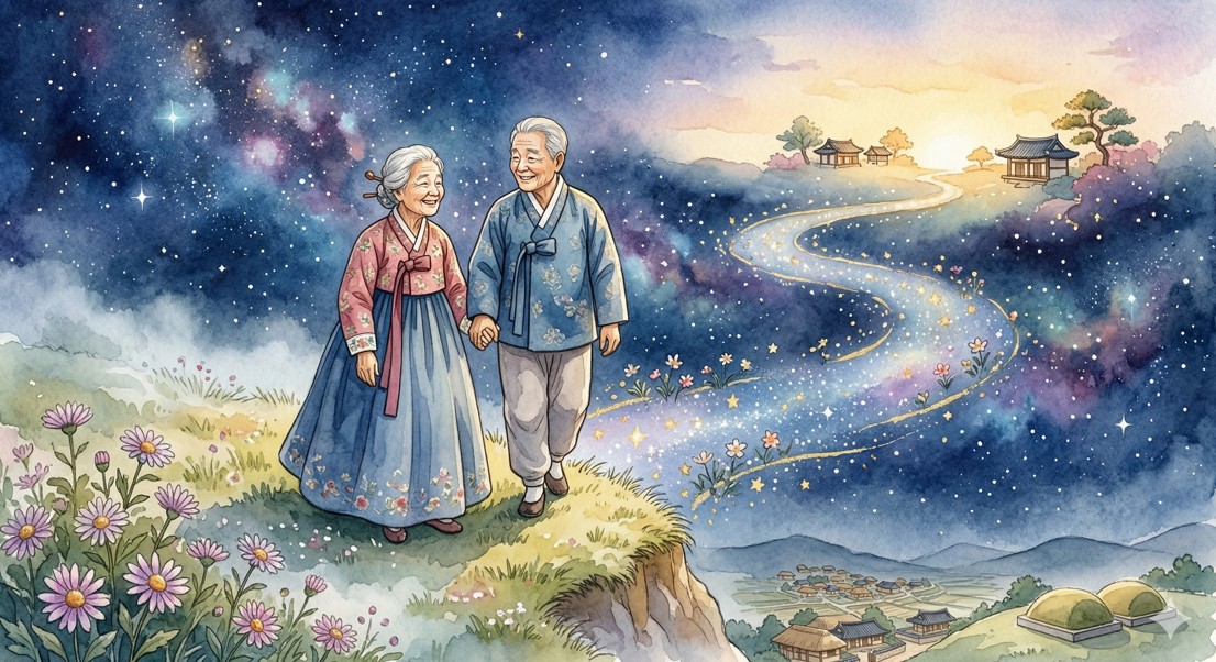 할머니와 할아버지가 손을 꼭 잡고 은하수 너머로 걸어가는 동화 같은 일러스트