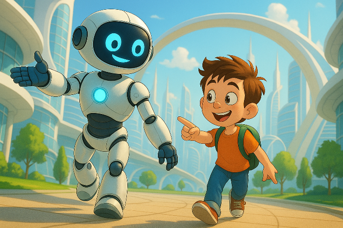 AI(인공지능)로봇과 사람이 앞을 가리키며 향해 가는 이미지