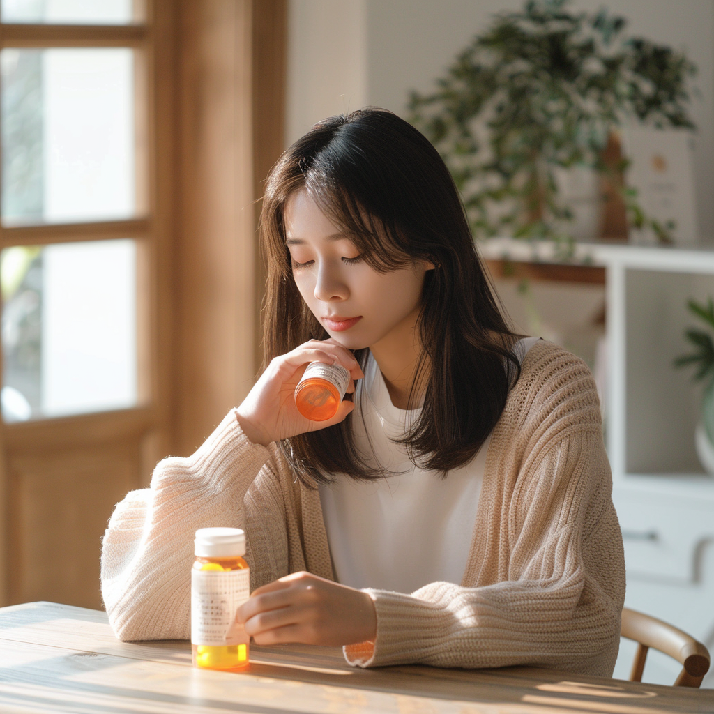 피로 회복을 위해 비타민을 챙겨먹는 여성, 실사형 이미지
