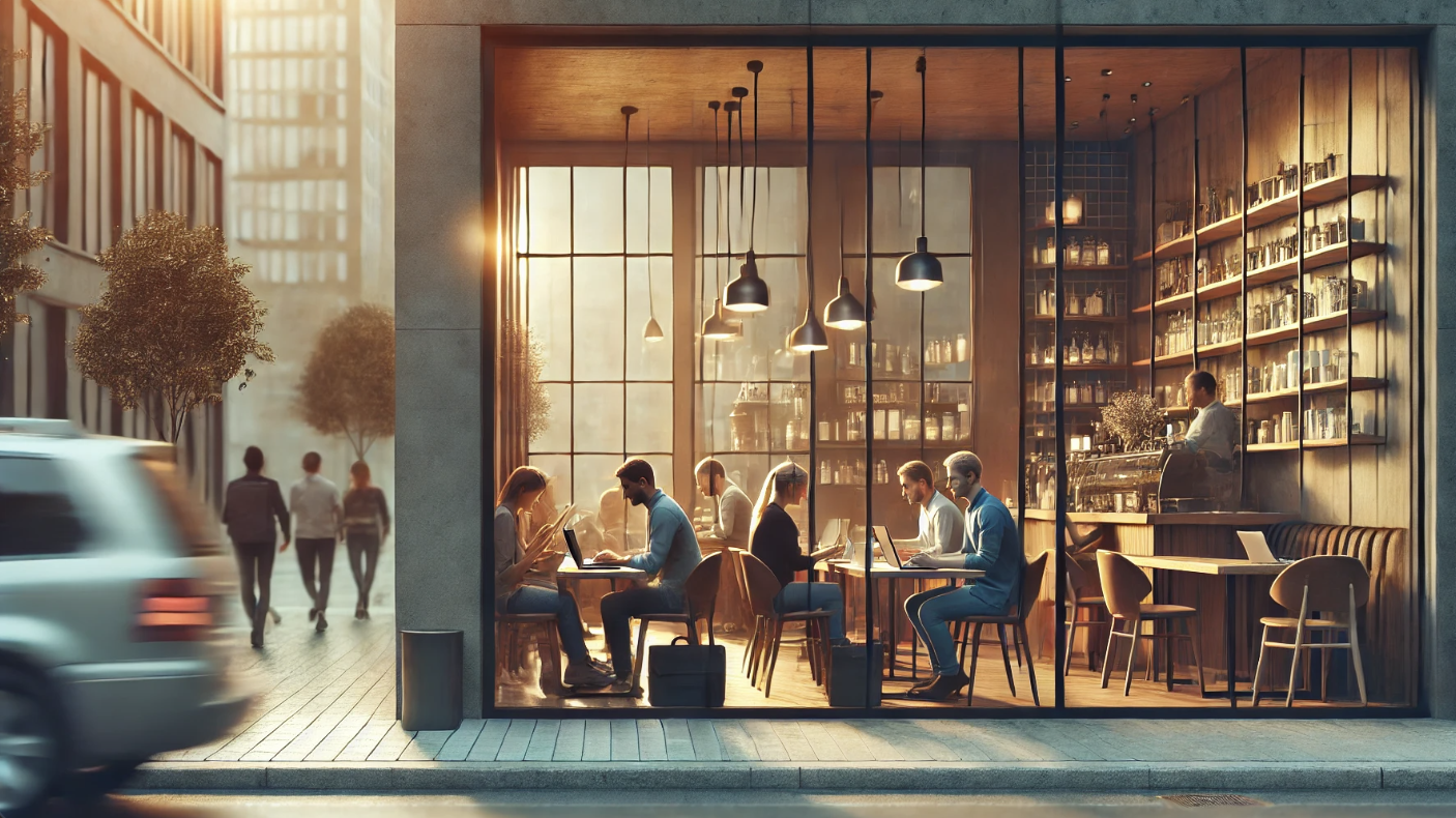 카페 내부에서 노트북과 스마트폰을 사용하는 사람들