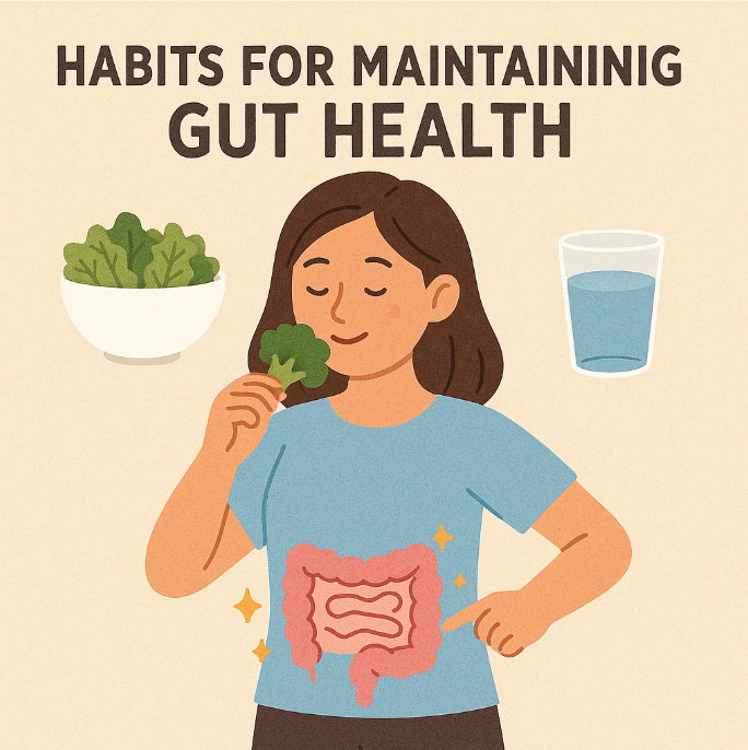 여자가 브로콜리와 물 등으로 인해 장이 건강해지는 이미지