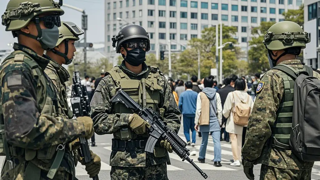 무장한 군인들이 시민들을 통제하는 모습 (AI 이미지)