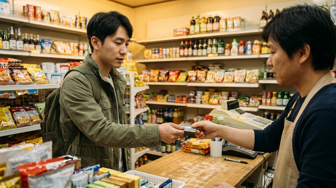 해외 상점 카운터에서 카드로 결제하는 사람