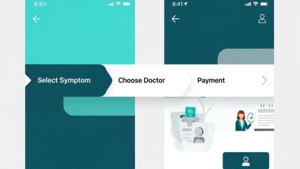 비대면 진료 앱의 진료 예약 및 결제 단계가 보이는 스마트폰 화면 UI 예시