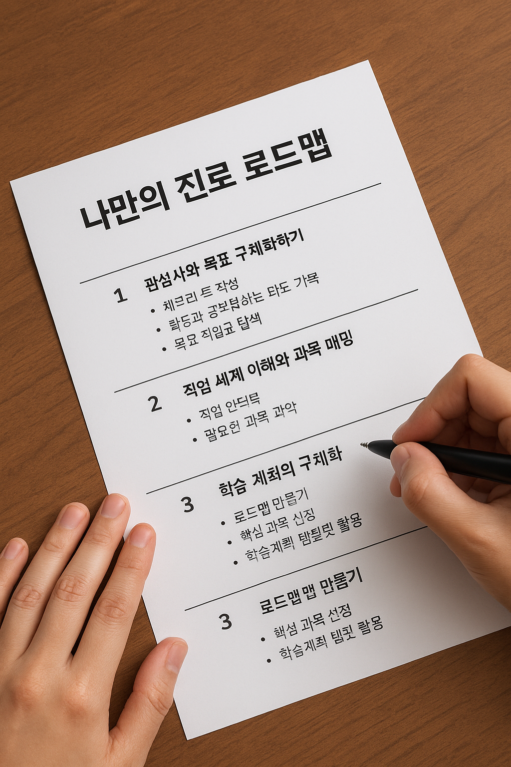 등학생들이 교실에서 진로 로드맵과 과목 매핑 계획을 세우며 협력하는 모습