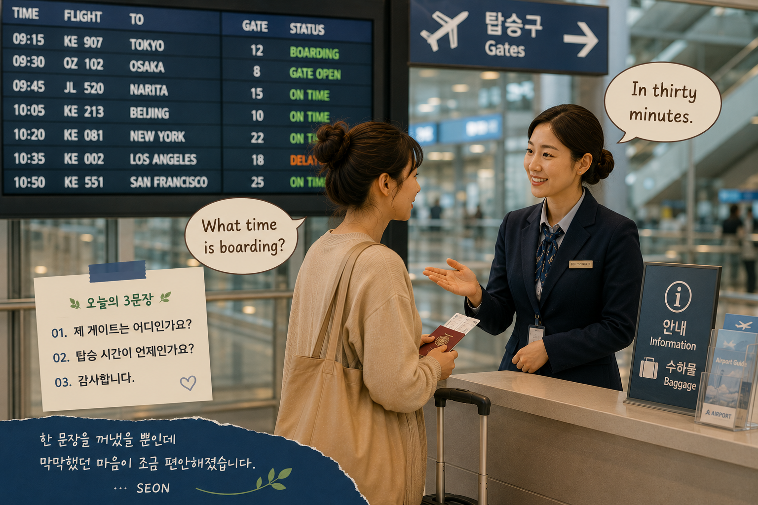 따뜻한 공항 로비와 탑승 게이트 주변에서 영어로 길과 시간을 확인하는 초보 학습자의 순간을 담은 감성 영어 이미지. 여행 가방과 항공편 전광판, 부드러운 공항 조명이 어우러진 《진짜 영어로만 말한다》 Day 13 중간 삽입 이미지.