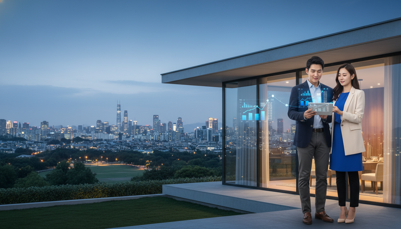 2026년 연봉 5천만원 직장인 부부가 태블릿으로 주택 구매 재정 계획을 검토하는 모습.