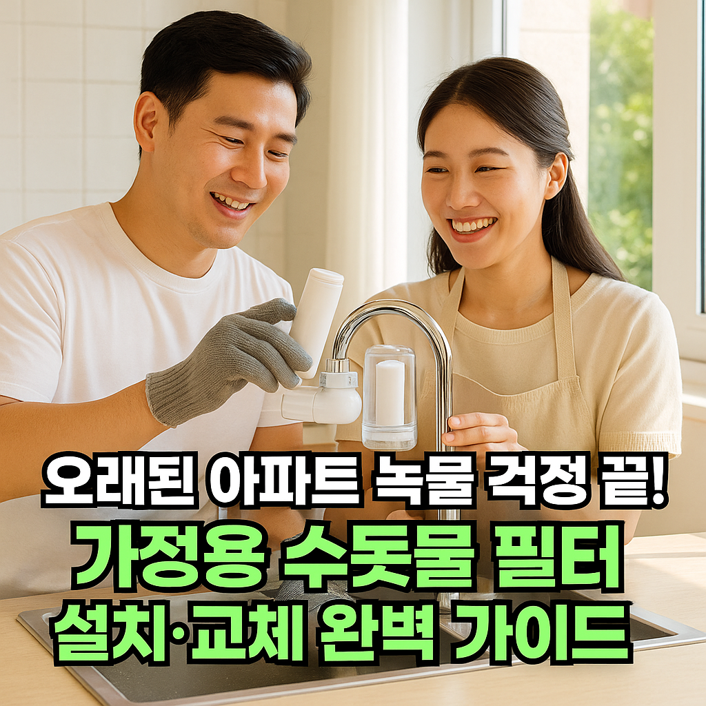 주방에서 수돗물 필터를 교체하며 미소 짓는 부부