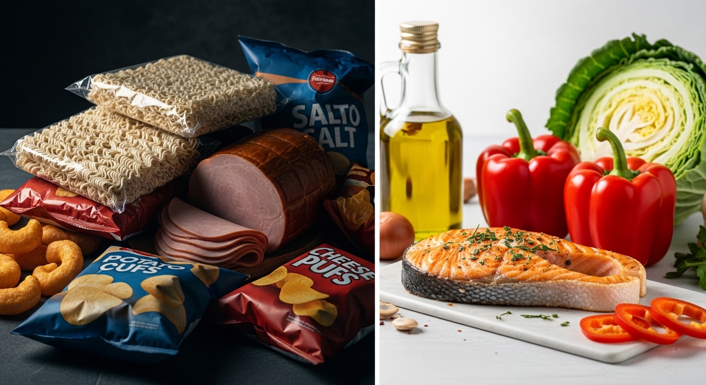 가공식품과 신선한 채소, 생선이 나란히 비교되고 있는 이미지