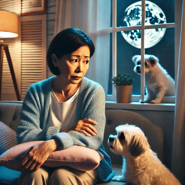 밤중 거실 창가에서 짖는 반려견을 달래며 걱정하는 동양인 중년 여성
