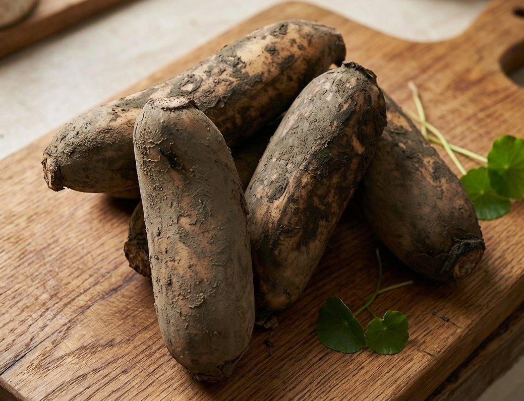 따뜻한 질감의 나무 도마 위에 놓인 흙이 묻은 신선한 통연근들과 초록색 잎 연출 사진