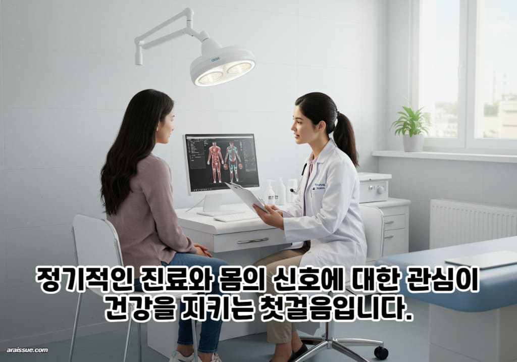 정기적인 진료를 받으며 건강에 관심을 가지는 여성, 의사와 상담하는 병원 실내 장면