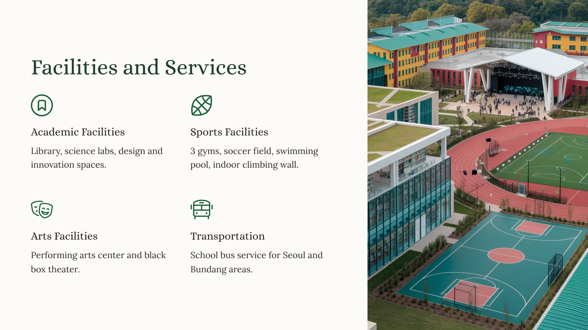 “한국외국인학교 판교캠퍼스의 시설과 서비스. 도서관, 과학 실험실, 체육관, 축구장, 수영장 및 공연 예술 센터의 전경.”