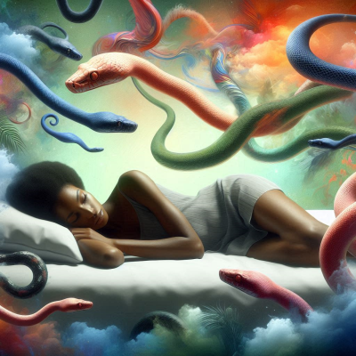 꿈속에서 하늘을 나는 뱀들이 꿈꾸는 사람을 감싸고 있습니다.