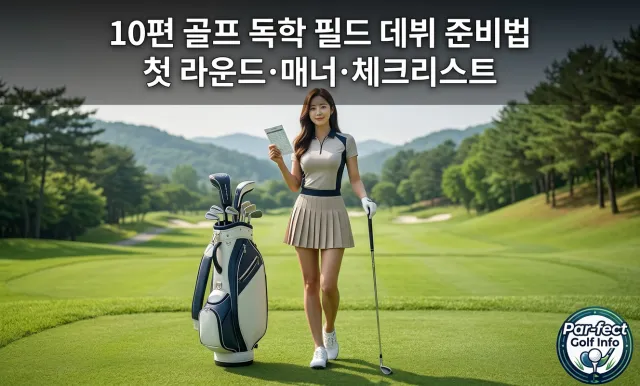 첫 필드 라운드를 앞둔 여성 골퍼가 티잉 구역에서 골프채와 체크리스트를 확인하며 준비하는 모습