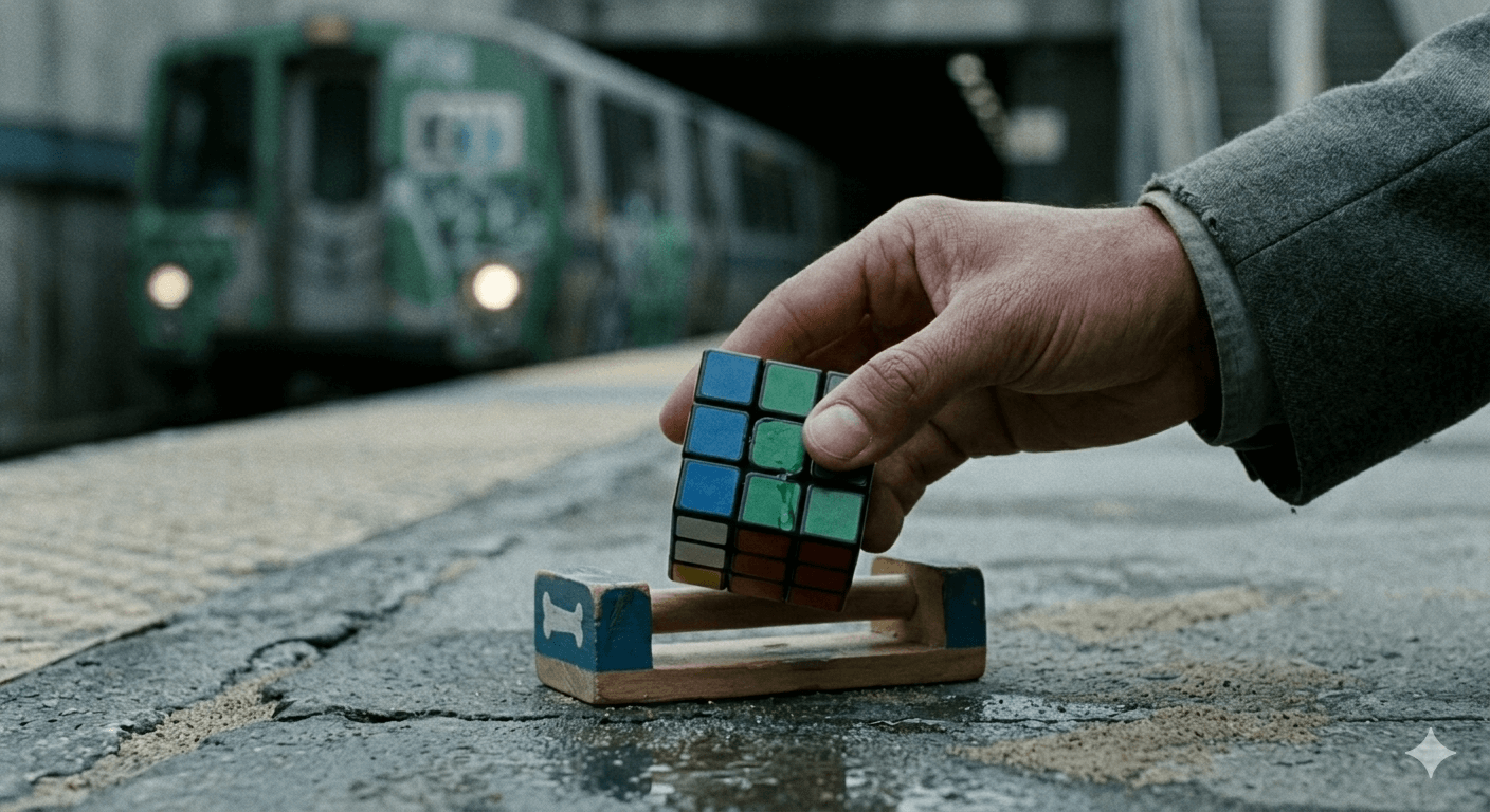 차가운 지하철 승강장 바닥에 놓인 알록달록한 루빅스 큐브와 그 위로 뻗은 거친 손. 영화 행복을 찾아서의 주인공이 마주한 가혹한 현실과 이를 해결하려는 지적인 투쟁을 상징하는 장면.