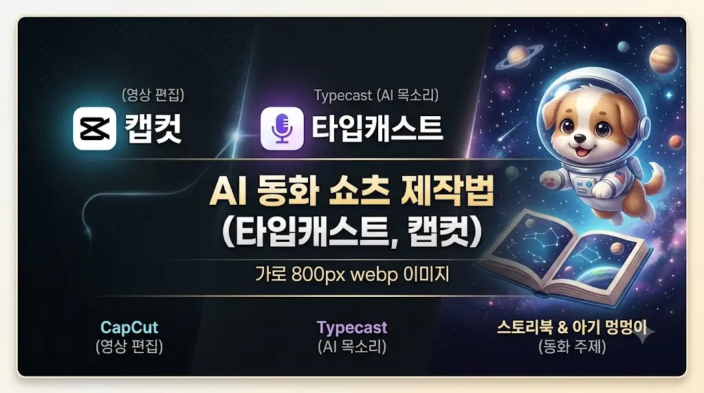 AI 동화 쇼츠 제작법 타이틀 및 캡컷, 타입캐스트, 우주로 간 아기 멍멍이 대표 이미지