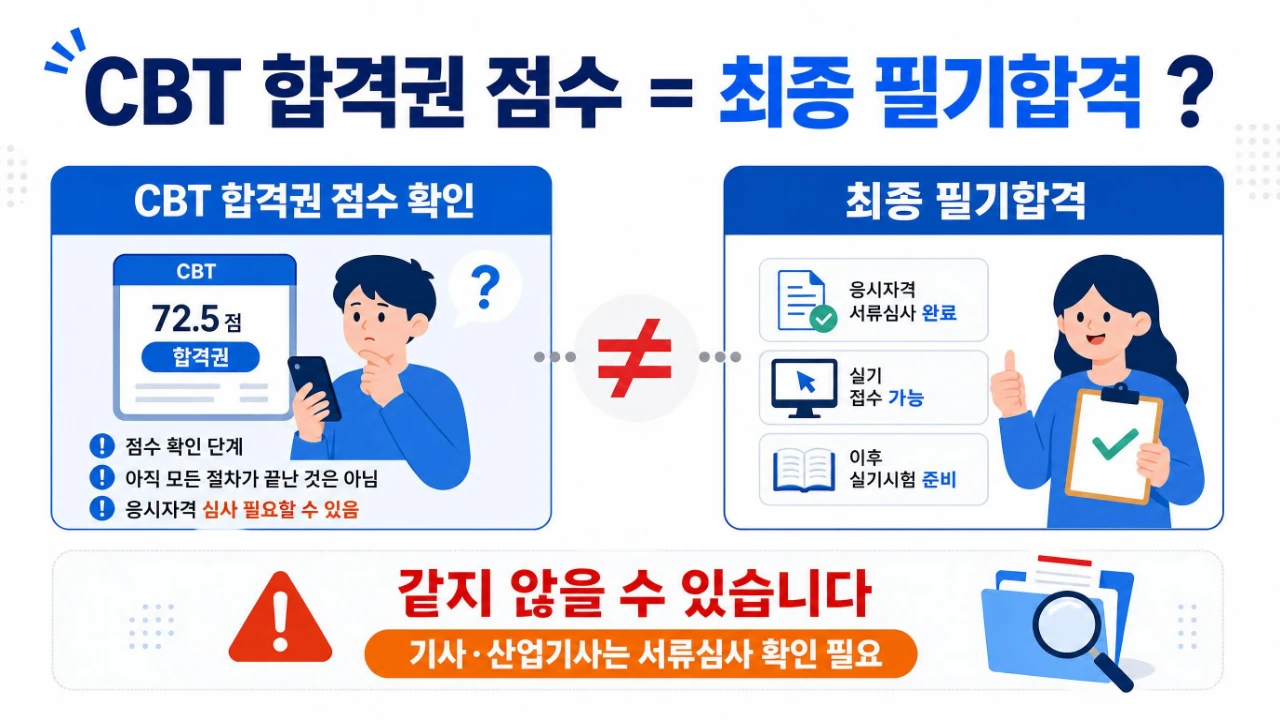 기사 CBT 합격권 점수 확인과 응시자격 서류심사를 거친 최종 필기합격의 차이를 비교한 이미지