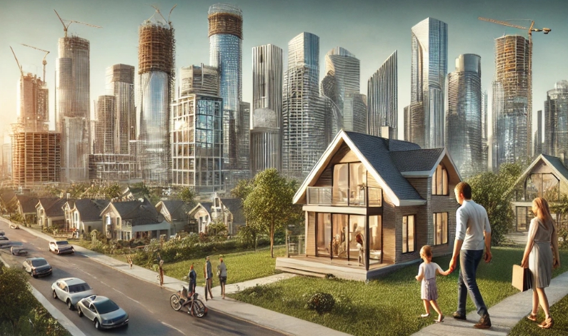 배경으로 건물이 지어지고 있는 모습과 그 앞으로 사람들이 걷는 모습