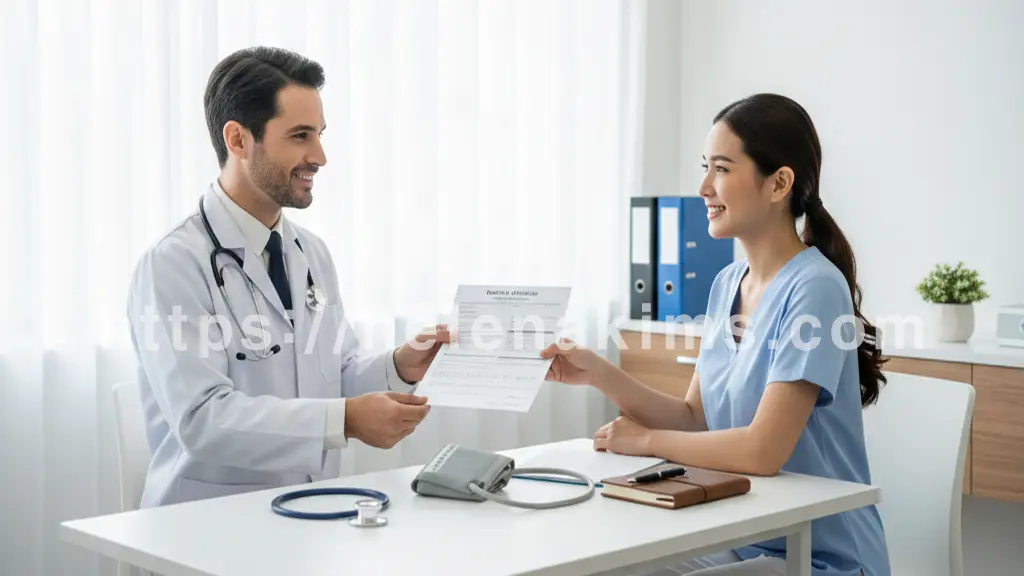 깨끗한 병원 검진실을 배경으로, 전문적이고 친절한 의사가 환자에게 깔끔하게 정리된 건강검진 결과지를 건네는 모습.