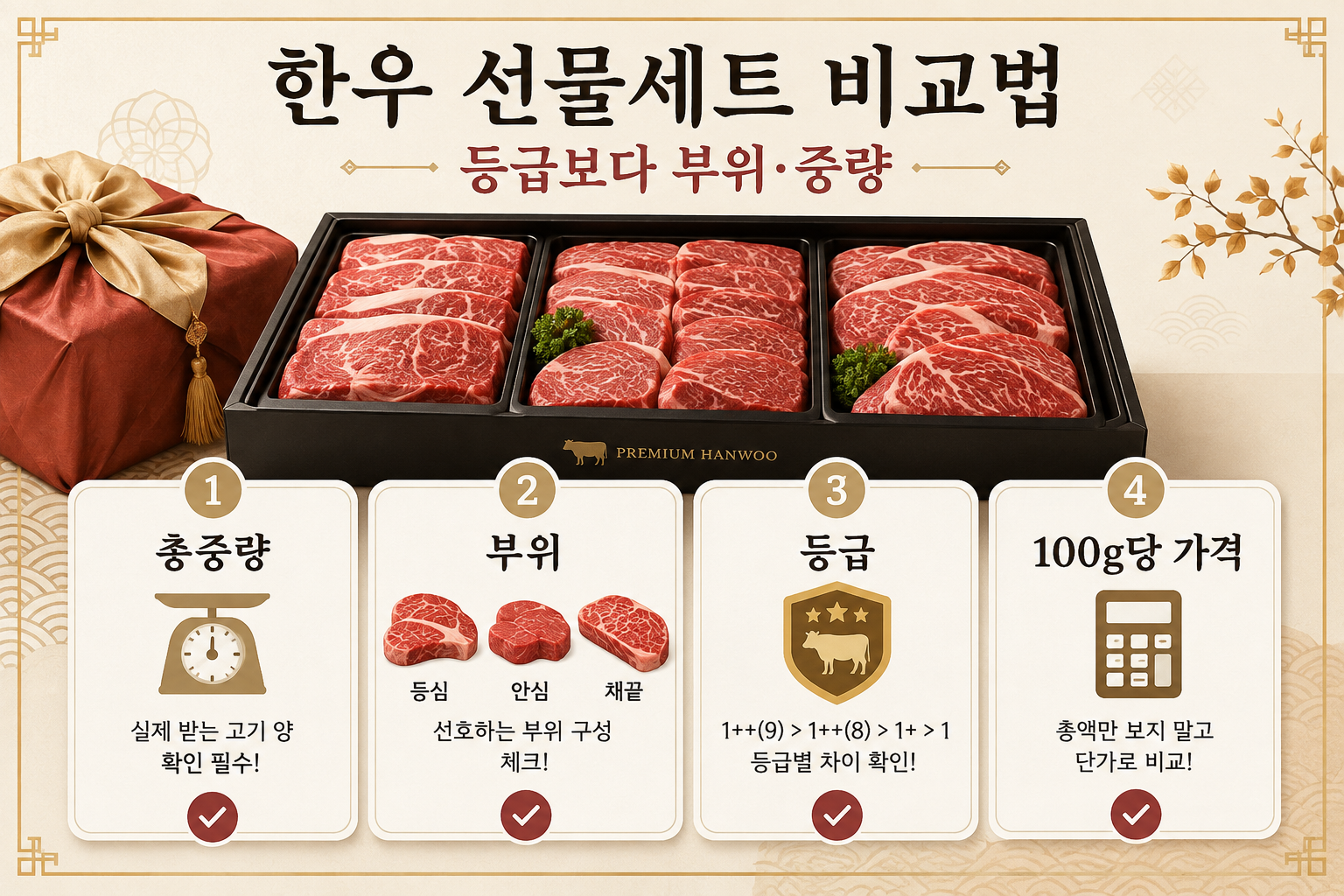 2026 추석 한우 선물세트의 부위 중량 등급과 100그램당 가격 비교 이미지