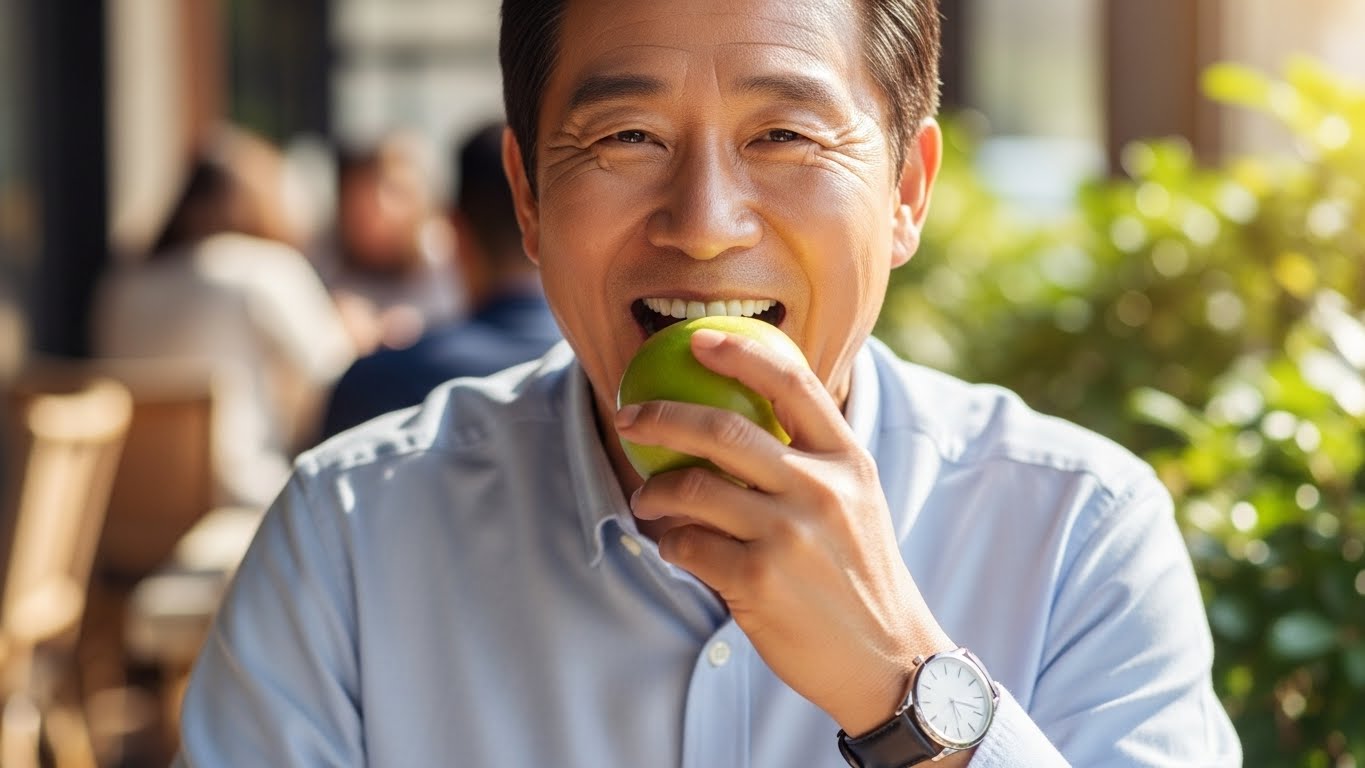 임플란트 치료 후 건강한 치아로 딱딱한 과일도 마음껏 즐기는 행복한 한국인 시니어의 모습