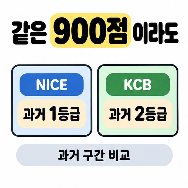 같은 900점이라도 NICE는 과거 1등급, KCB는 과거 2등급이라고 나란히 표시하고 과거 구간 비교임을 명시한 이미지