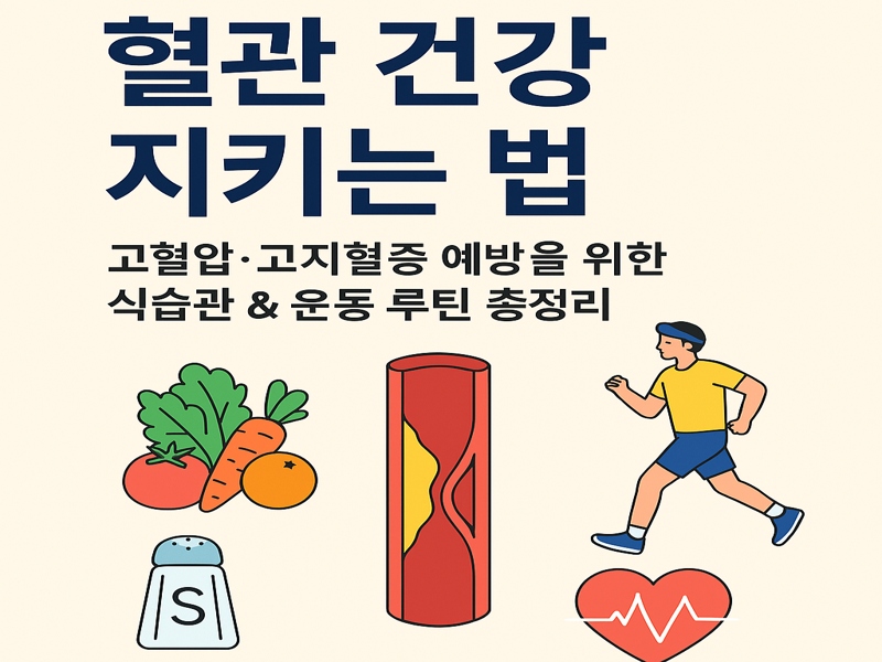 혈관 건강을 위한 식단과 유산소 운동, 저염식, 오메가-3 섭취 등 생활 습관을 설명하는 한국어 인포그래픽